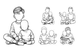 Line art featuring a joyful baby displaying brotherly love while sitting close vector