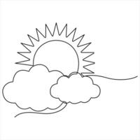Continuous single line drawing of cloud with sun in the sky weather symbol and storge concept outline style illustration vector