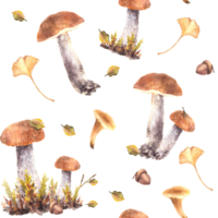Mushrooms fall seamless pattern. Boletus orange cap with Chanterelle, moos, yellow green leaves and brown acorn. Fir branch, needles Watercolor hand drawn pattern illustration isolated from background png