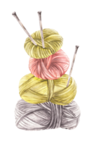 Balls of yarn threads in different color. Watercolor hand drawn illustration. Skeins of string with knitting needles. Hobby knitting arrangement, handicrafts label template isolated from background png