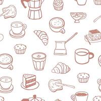 Hand drawn coffee drinks and desserts seamless pattern. Simple doodle style food design vector
