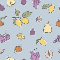 Retro style seamless pattern with hand drawn fruits. Different fruits on light blue background vector