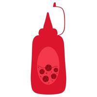 Red plastic bottle with cap for ketchup and tomatoes on bottle isolated on white background. Hand drawn illustration vector