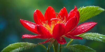 A close-up of a red wildflower with raindrops on its leaves. photo