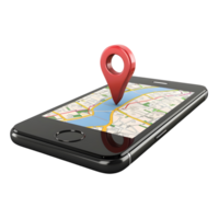 Smartphone with digital map and red pin isolated on transparent background png