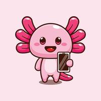 axolotl with mobile phone. mascot cartoon character illustration. vector