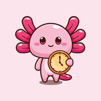 axolotl with clock. mascot cartoon character illustration. vector