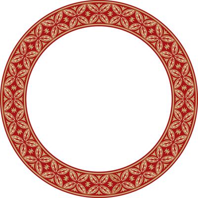 round gold and red ancient Russian ornament. Slavic border, frame. Circle, ring. Painting of the royal chambers.