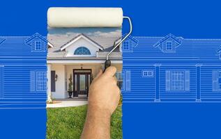 Before and After of Man Painting Roller to Reveal Custom Home Photograph Under Blueprint Sketch Drawing Plans. photo