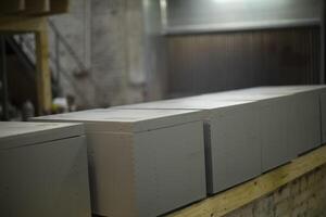 Drawers in carpentry workshop. Making boxes. Product made of boards. photo