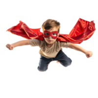 Little boy flying with superhero red cape and mask isolate on transparency background png