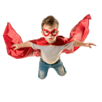 Little boy flying with superhero red cape and mask isolate on transparency background png