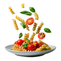 floated FPasta with tomatoes and basil falling into a plate isolate on transparency background png