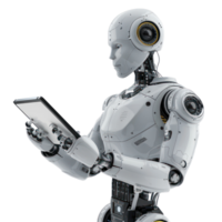 Ai robot using tablet isolate on transparency background png