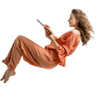 full body young woman laying in the air floating while using tablet isolate on transparency background png