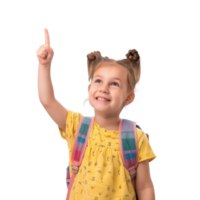 little girl with school backpack smiling with hand pointing up, standing isolate on transparency background png