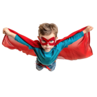 Little boy flying with superhero red cape and mask isolate on transparency background png