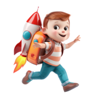 Happy cute boy with 3d rocket school backpack flying isolate on transparency background png