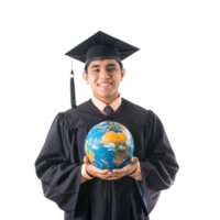 student in a graduation gown holding an earth globe in hand isolate on transparency background png