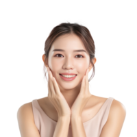 Beautiful woman with face care hand gesture front view isolate on transparency background png