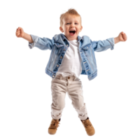 Floated overjoyed little boy jumping and gesturing happiness isolate on transparency background png