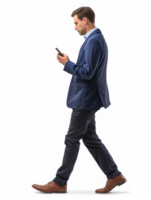 businessman using smartphone while walking, side view full body isolate on transparency background png