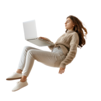 full body young woman laying in the air floating while using laptop isolate on transparency background png