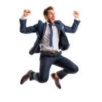 Floated overjoyed businessman jumping and gesturing happiness isolate on transparency background png