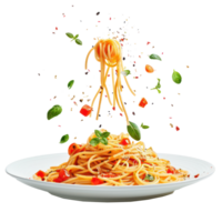 floated Delicious spaghetti with sources falling into a plate isolate on transparency background png