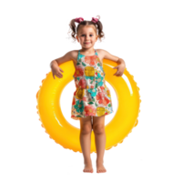 Happy little girl wearing summer clothes with inflatable swimming circle front view full length isolate on transparency background png