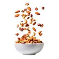 Falling mix nuts in bowl isolate on transparency background png