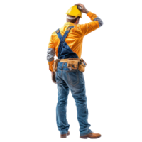 Back view of construction worker looking at something up, standing isolate on transparency background png
