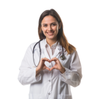 Smiling young female doctor making heart geture with hand, standing isolate on transparency background png