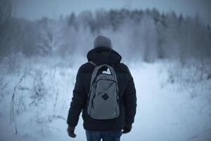 Guy with backpack in winter. Man walks through woods in cold. Middle-aged man in warm clothes. photo