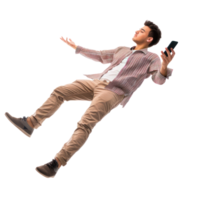 full body young man laying in the air floating while using smart phone isolate on transparency background png