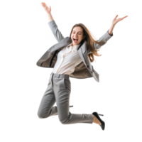 Floated overjoyed businesswoman jumping and gesturing happiness isolate on transparency background png