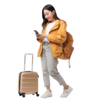 Beautiful young woman looking at mobile phone while holding travel suitcase walking side view full length isolate on transparency background png