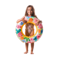 Happy little girl wearing summer clothes with inflatable swimming circle front view full length isolate on transparency background png