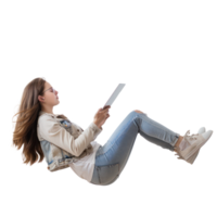 full body young woman laying in the air floating while using tablet isolate on transparency background png