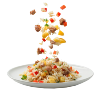 floated Rice with potatoes and meat falling into a plate isolate on transparency background png