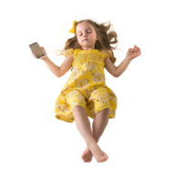full body little girl laying in the air floating while using smart phone isolate on transparency background png
