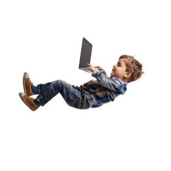 full body little boy laying in the air floating while using laptop isolate on transparency background png