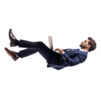 full body businessman laying in the air floating while using laptop isolate on transparency background png