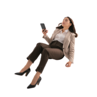 full body business woman laying in the air floating while using smart phone isolate on transparency background png