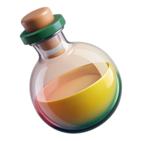 A colorful potion bottle filled with a gradient liquid, illustrated in a 3D rendered style on a transparent background, with a cork stopper on top. png
