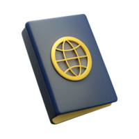 3D rendered image of a navy blue book with a gold globe emblem on the cover, placed on a transparent background. png