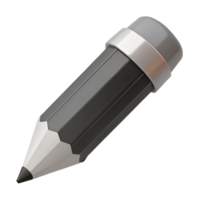 3D rendered black pencil with metallic tip and gray eraser on a transparent background, showcasing its geometrical design. png
