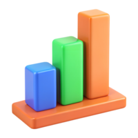 3D rendered colorful bar chart with three bars in blue, green, and orange on a transparent background. png
