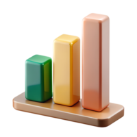 3D rendered colorful bar chart on a transparent background, showcasing three vertical bars in varied heights and colors for visual data representation. png