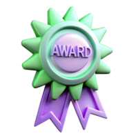 A 3D rendered award ribbon with a purple and teal color scheme, featuring a starburst design and a glossy finish, set against a transparent background. png